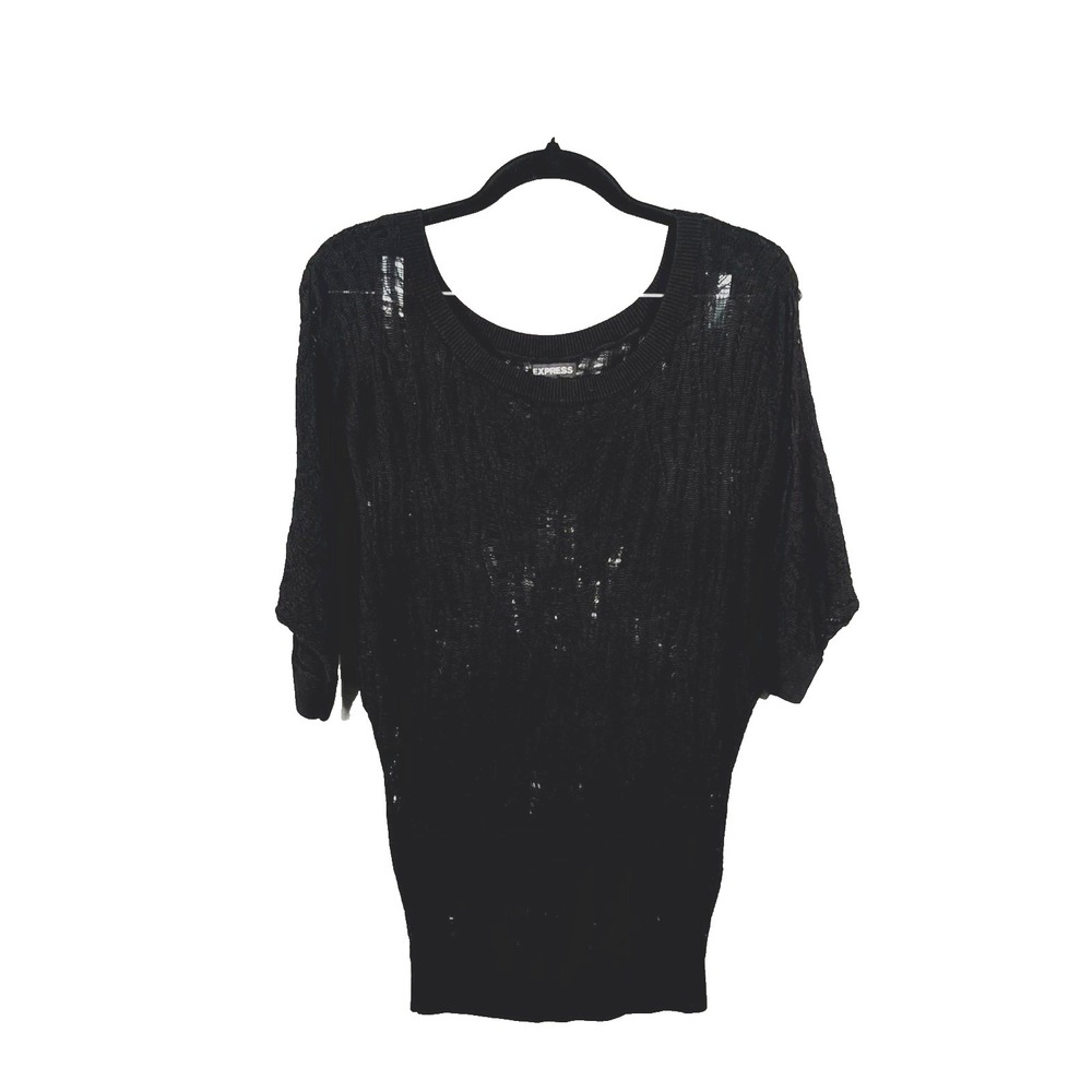 Express Sweater Womens XS Black Pointelle Knit Rayon Dolman Sleeve‎ Scoop Neck